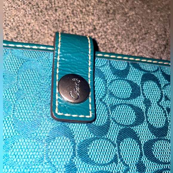Coach Signature Canvas Patent Leather Wallet Monogram Teal Blue - Picture 8 of 10